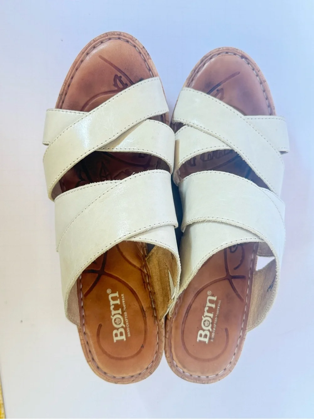 Born Cream Leather Cork Wedge Slide Sandals